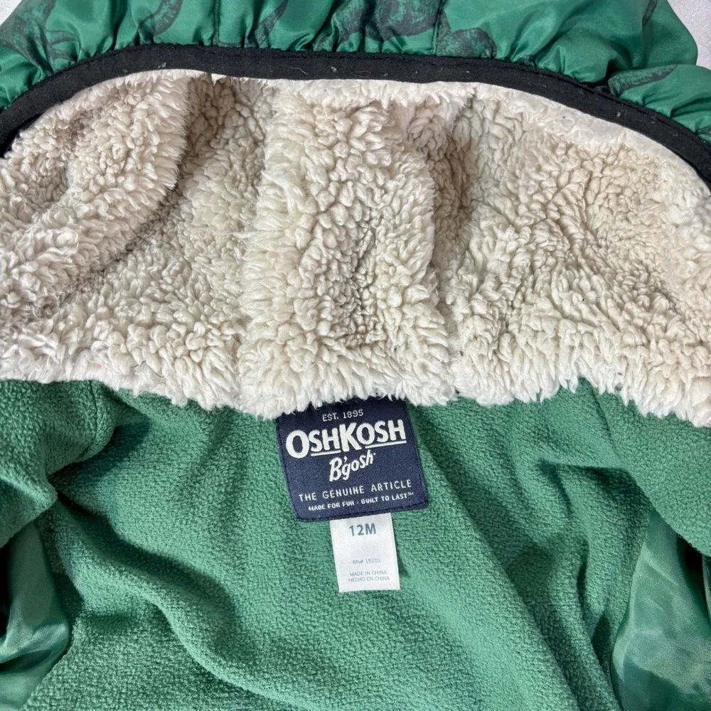 Osh Kosh Bgosh Jacket Baby 12M Green Dinosaur Sherpa Lined Puffer‎ Hooded